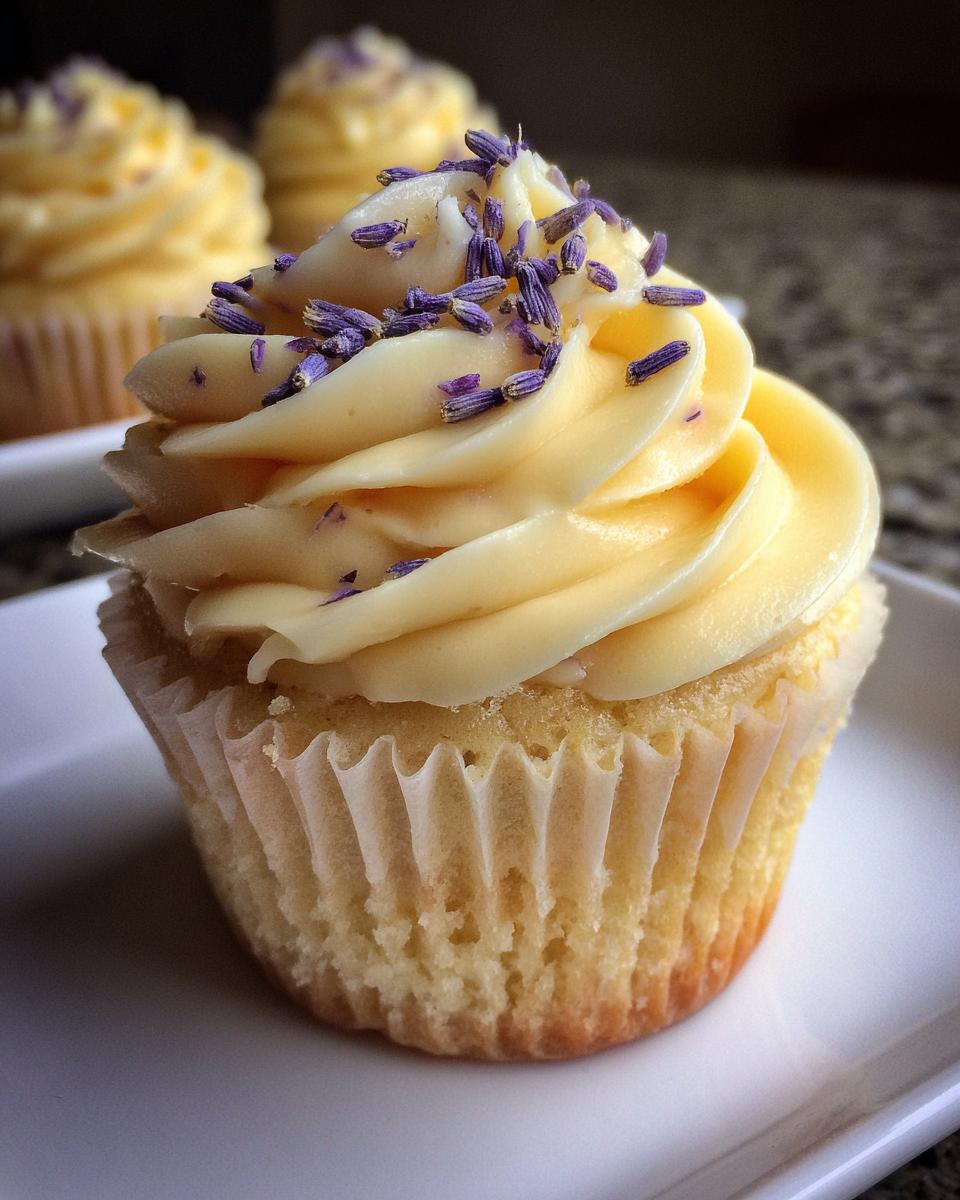 A close-up of a single, perfectly frosted lavender honey cupcake topped with dried lavender buds.