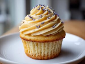 A single, perfectly baked lavender honey cupcake with light yellow frosting topped with dried lavender buds.