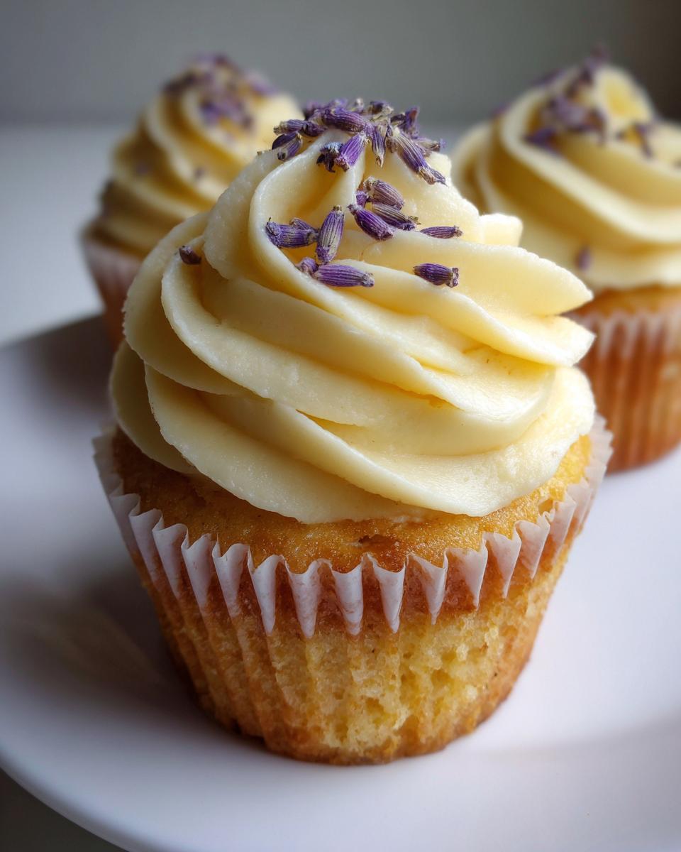 A close-up of a perfectly frosted lavender honey cupcake topped with dried lavender buds.
