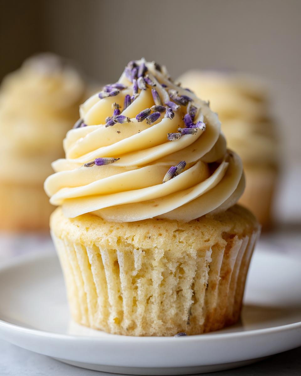A single, beautifully frosted lavender honey cupcake topped with dried lavender buds, sitting on a white plate.