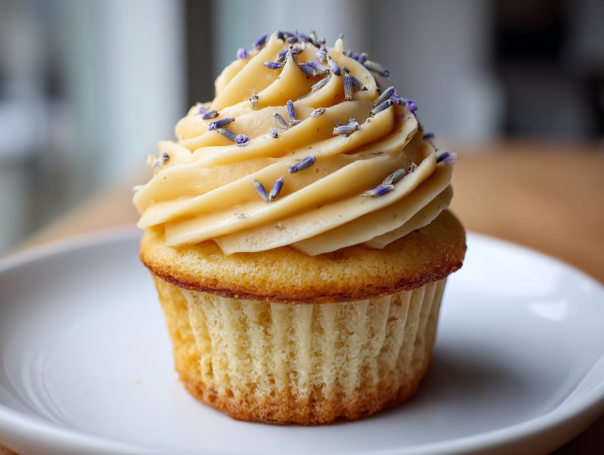 A single, perfectly baked lavender honey cupcake with light yellow frosting topped with dried lavender buds.