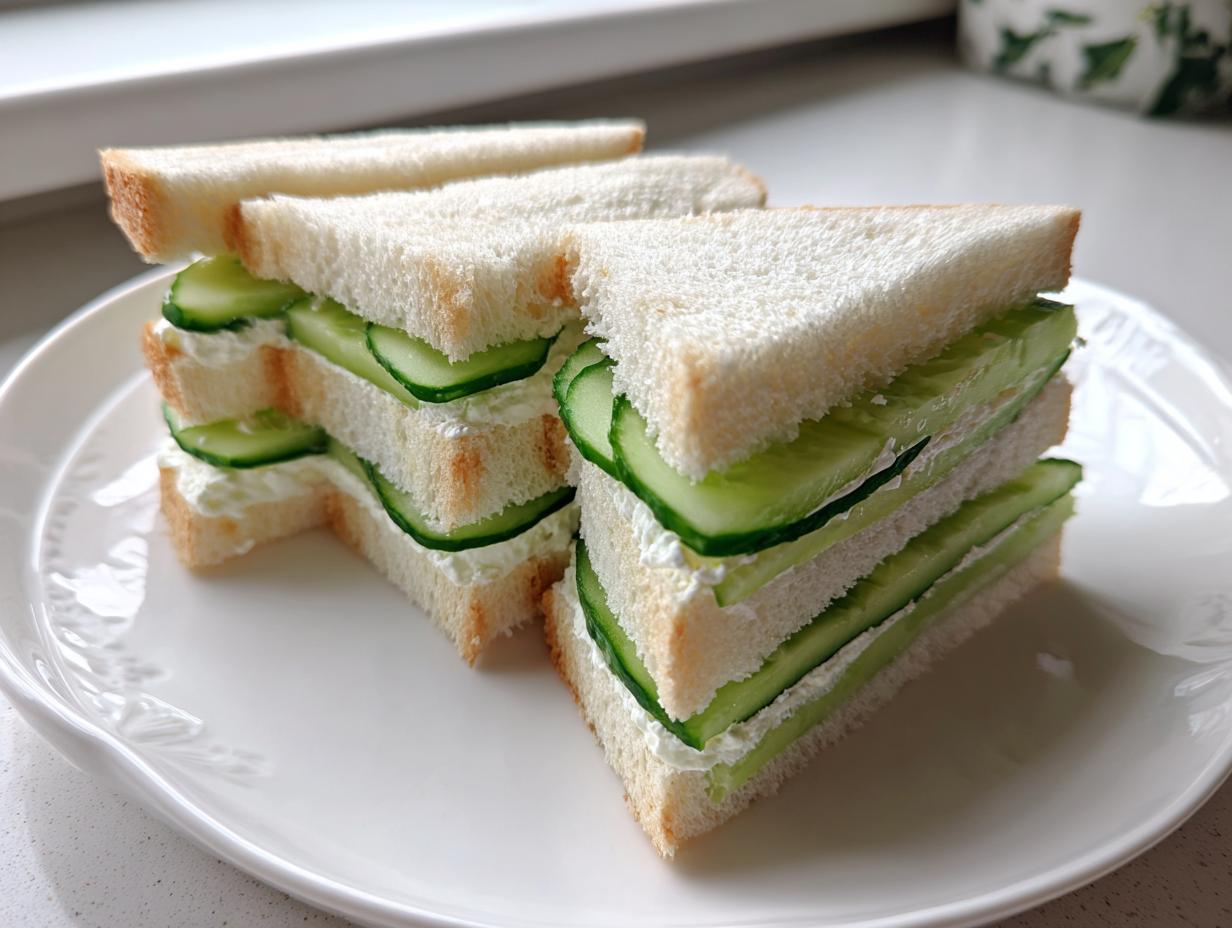 Two stacks of crustless cucumber sandwiches filled with cream cheese and thinly sliced cucumbers, presented on a white plate.