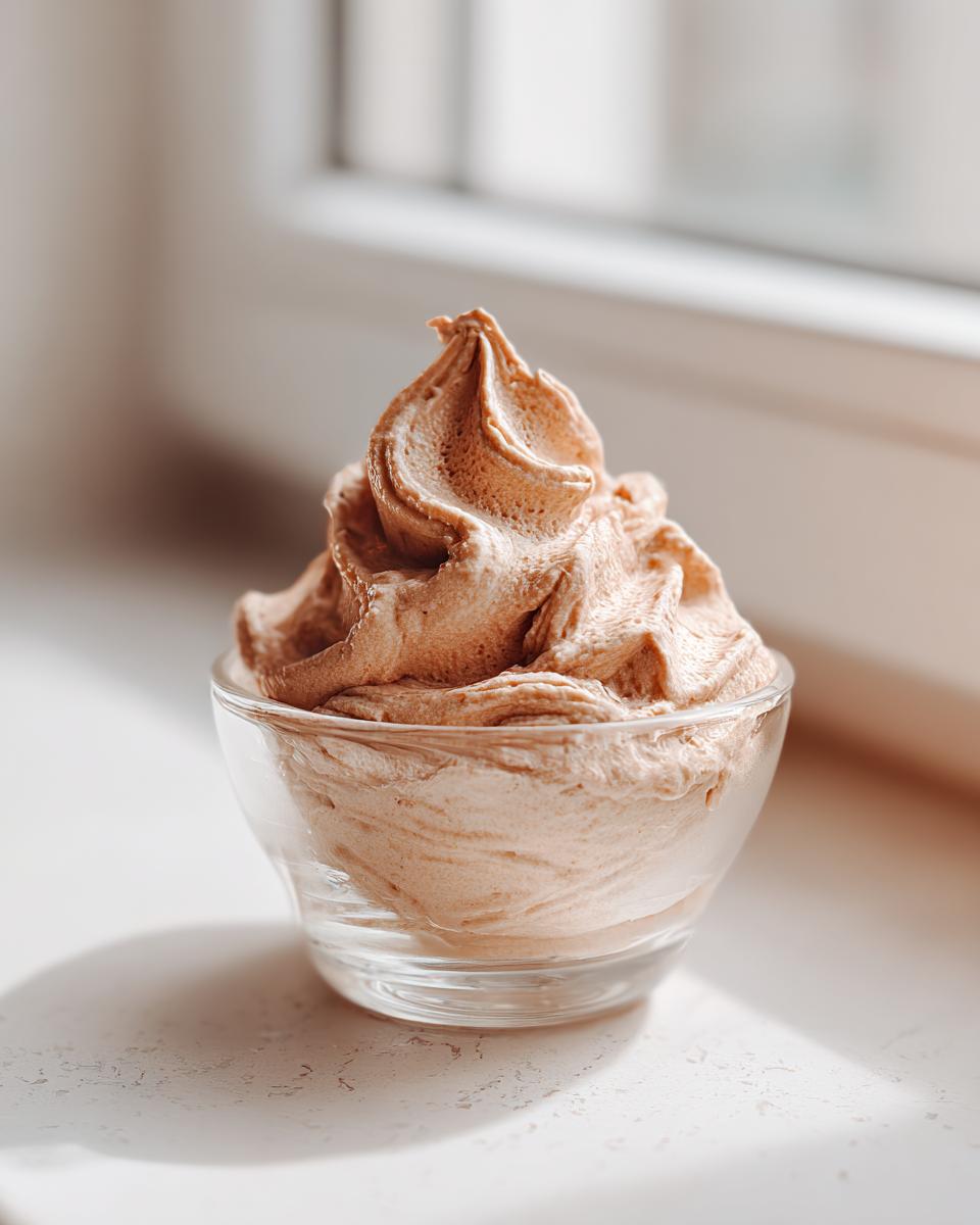 A single serving of light brown Lebanese date blossom mousse piped high in a small clear glass bowl.