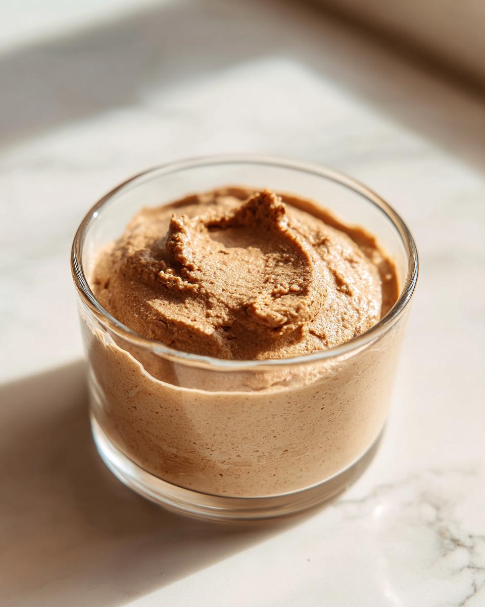 Close-up of creamy Lebanese date blossom mousse served in a small, clear glass on a marble surface.