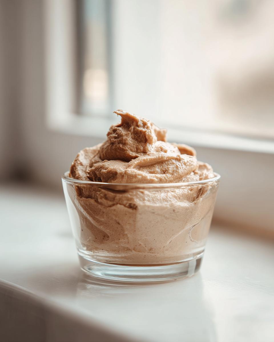 A small glass filled with light brown, creamy lebanese date blossom mousse, set against a bright window.