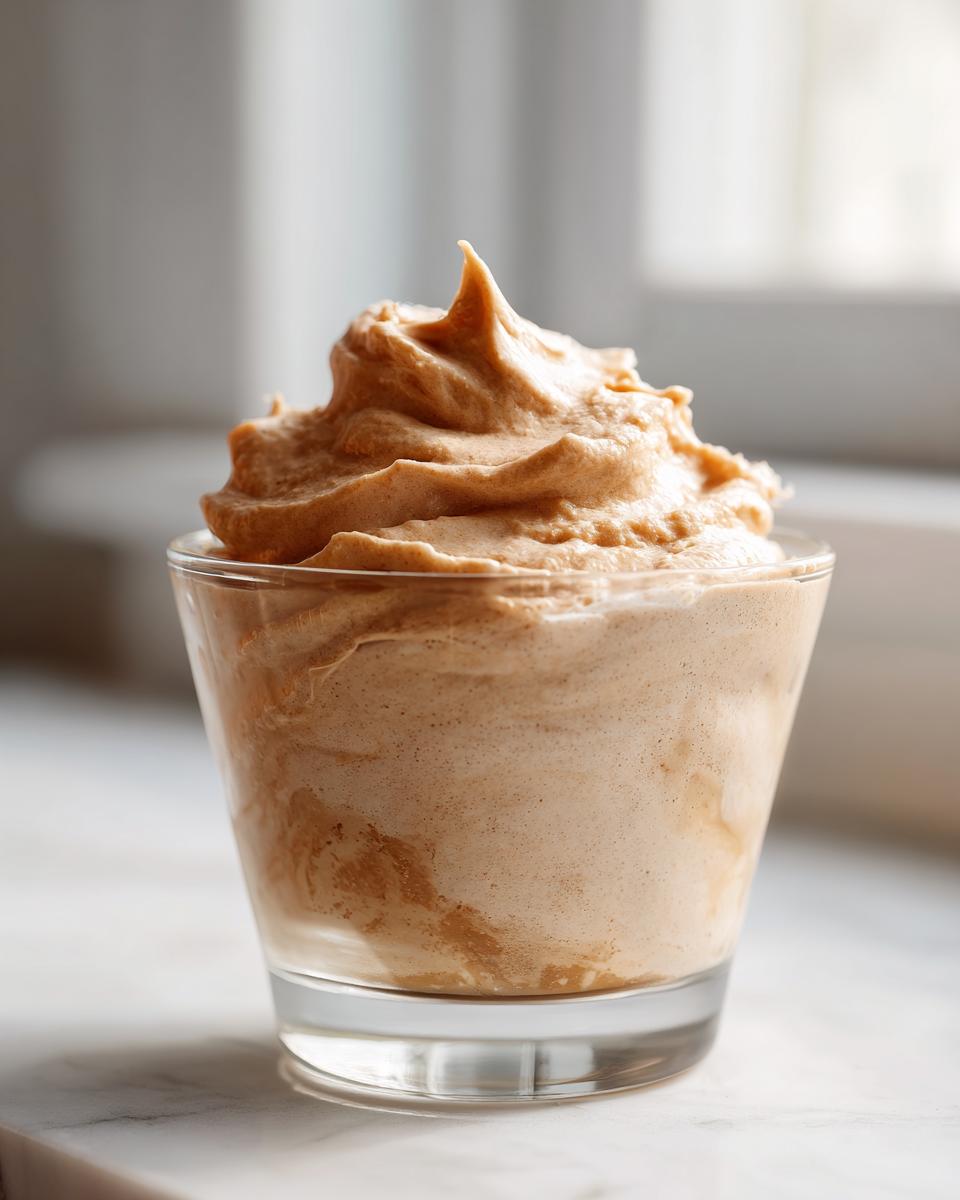 A close-up of light brown, airy lebanese date blossom mousse piped high in a small clear glass.