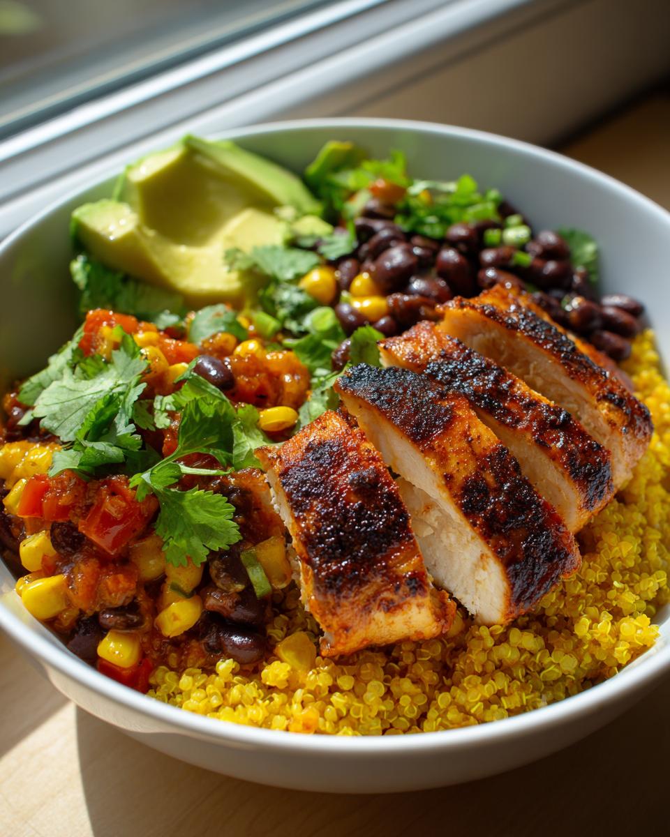 A close-up of a lemon chili grilled chicken bowls featuring sliced, seasoned chicken over yellow quinoa, black beans, corn salsa, and avocado.