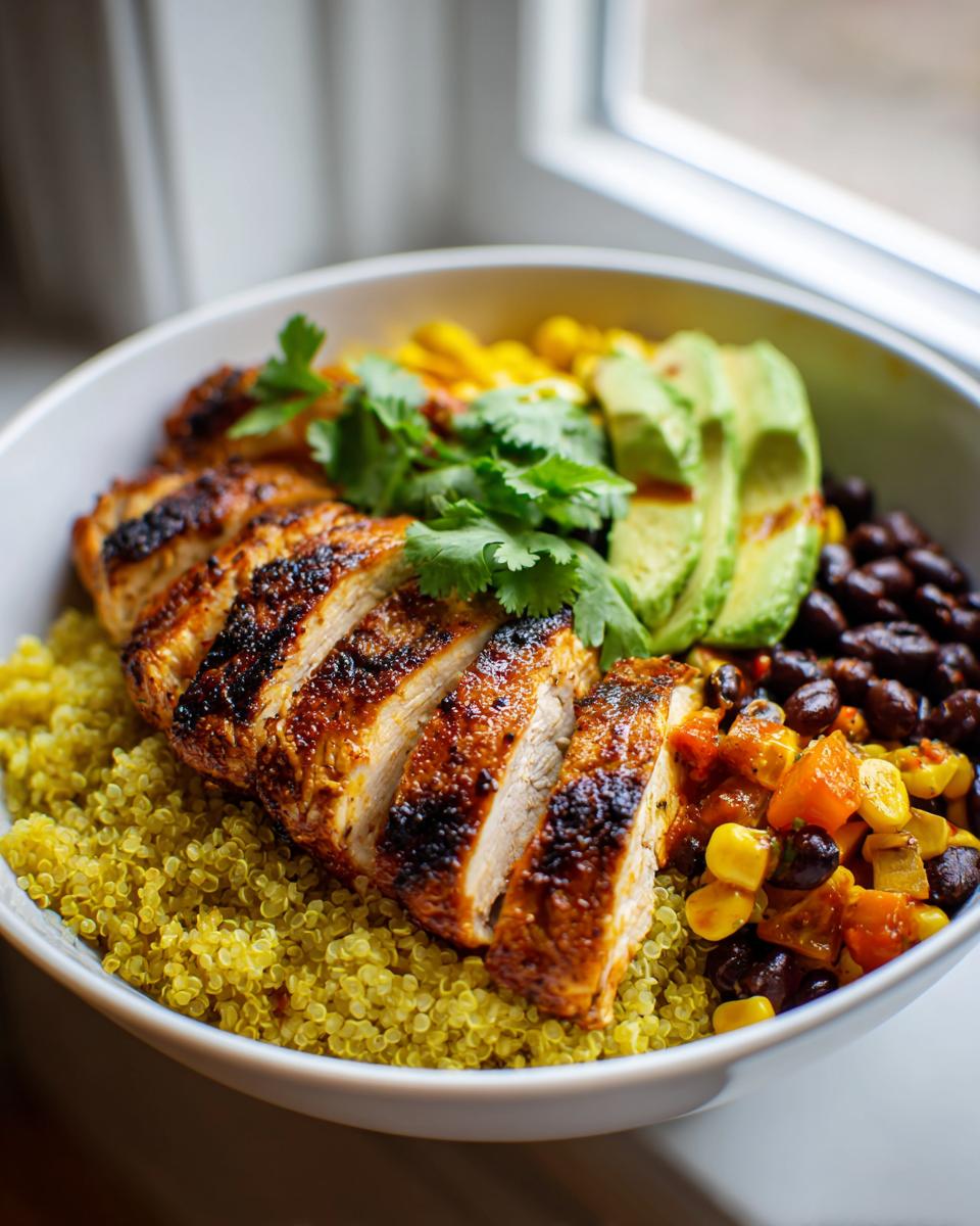 Close-up of a bowl featuring sliced lemon chili grilled chicken served over yellow quinoa with black beans, corn salsa, and avocado.