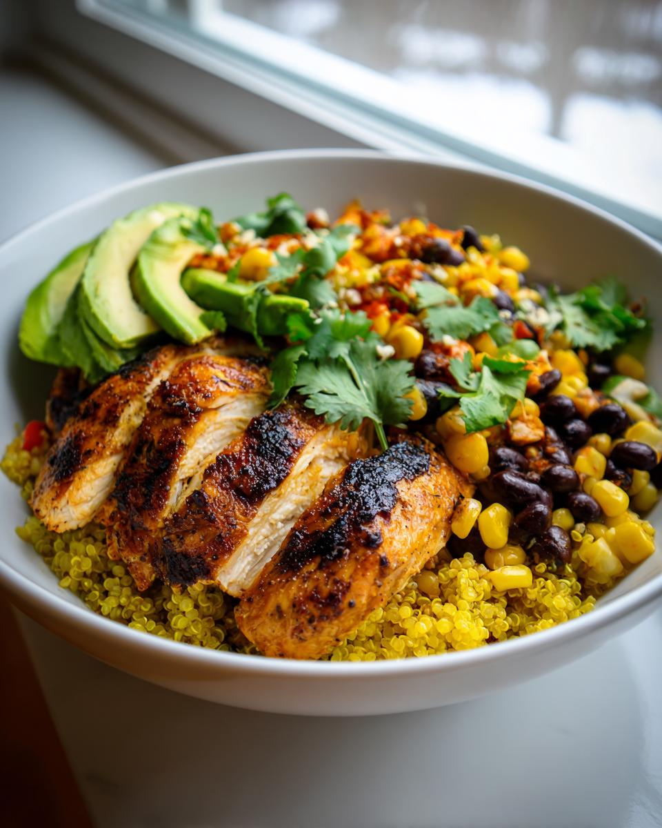 Close-up of a lemon chili grilled chicken bowls featuring sliced chicken over yellow quinoa, black beans, corn, and avocado.