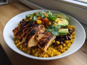 Close-up of sliced lemon chili grilled chicken bowls served over yellow quinoa with black beans, corn, avocado, and cilantro.