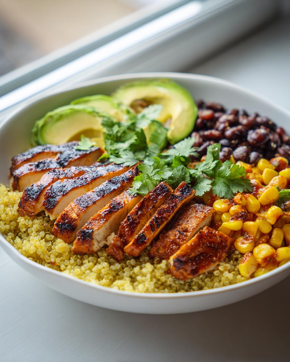 Close-up of a lemon chili grilled chicken bowls featuring sliced, charred chicken over quinoa, topped with black beans, corn, and avocado.