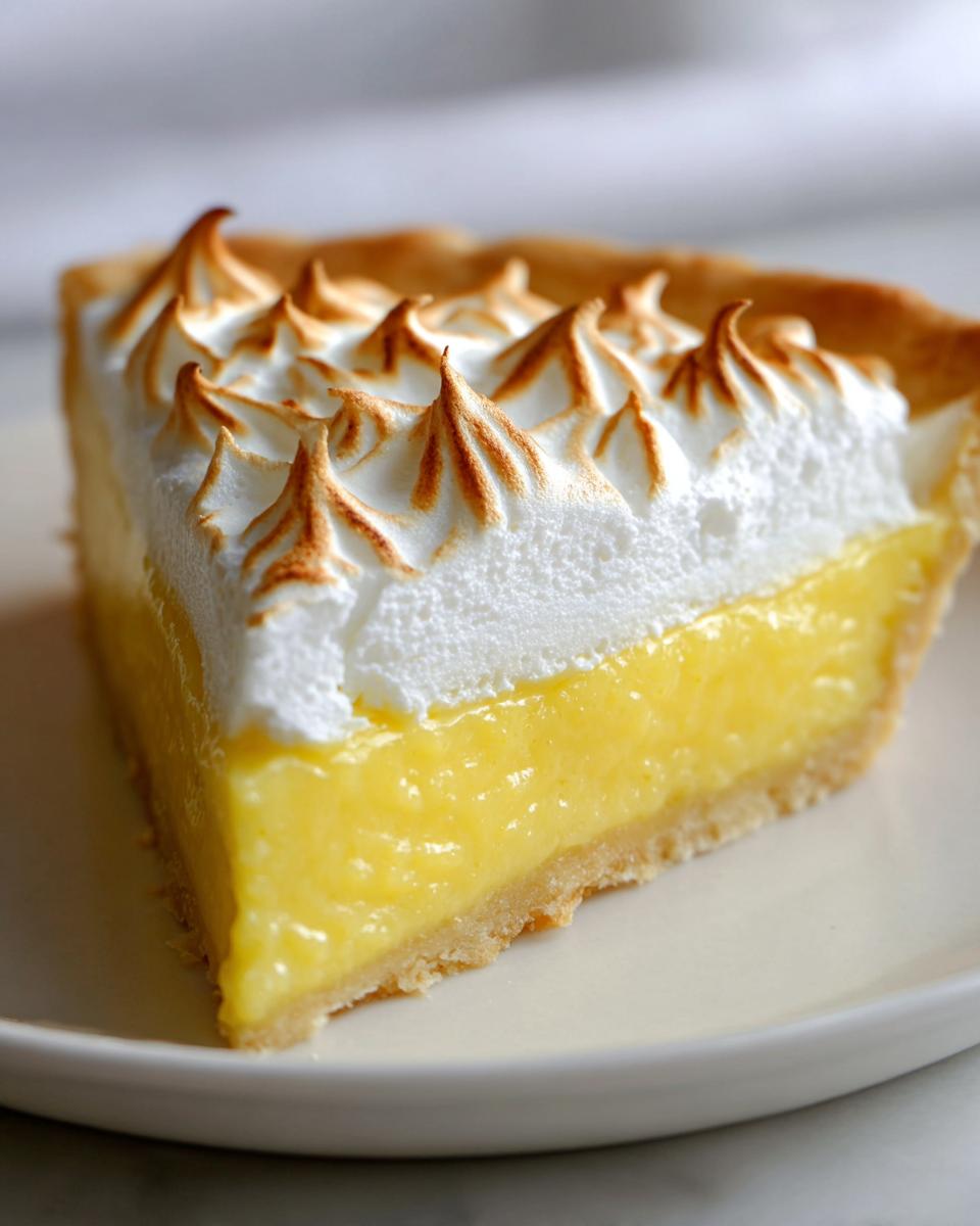 A close-up of a perfect slice of lemon cream pie recipe with bright yellow filling and toasted meringue peaks.