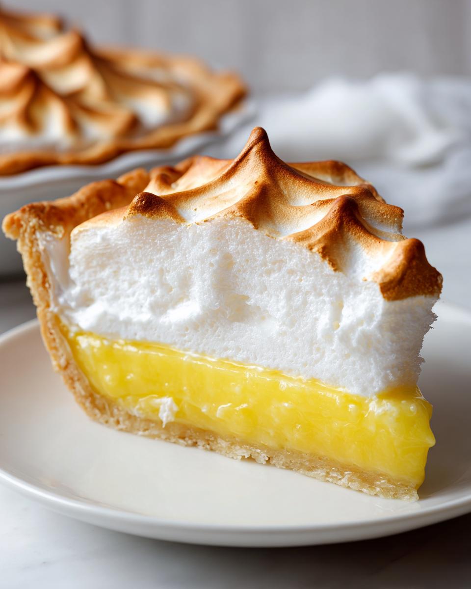 A perfect slice of lemon cream pie recipe showing bright yellow filling and tall, toasted meringue topping.