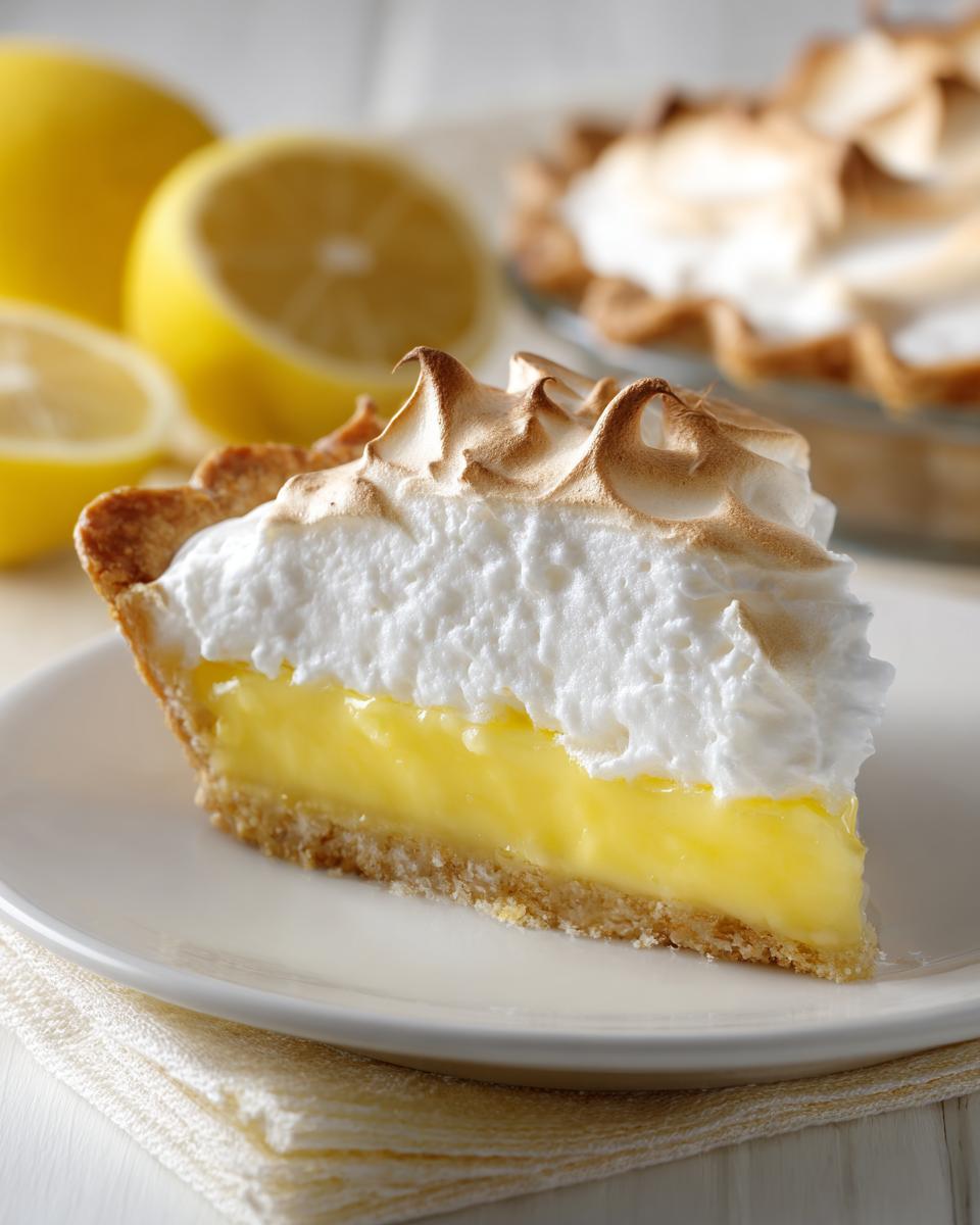 A perfect slice of lemon cream pie recipe with thick, bright yellow filling and toasted meringue topping.