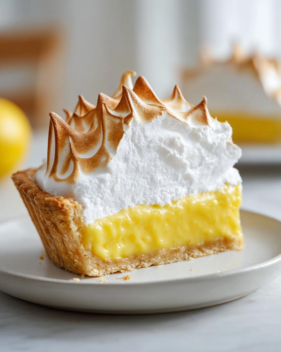 A perfect slice of lemon cream pie recipe showing thick yellow filling and high, toasted meringue peaks.