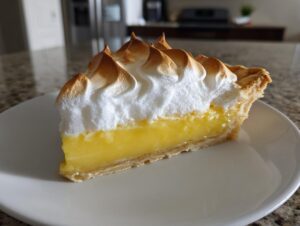 A perfect slice of lemon cream pie recipe with bright yellow filling and tall, toasted meringue peaks.