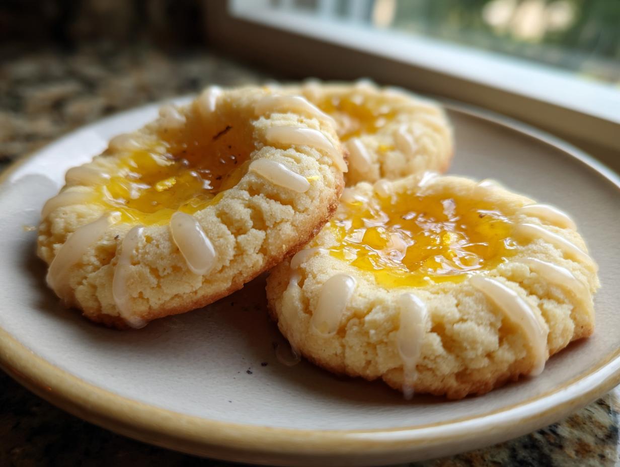 Three lemon lavender thumbprint cookies with bright yellow filling and white drizzle on a light plate.