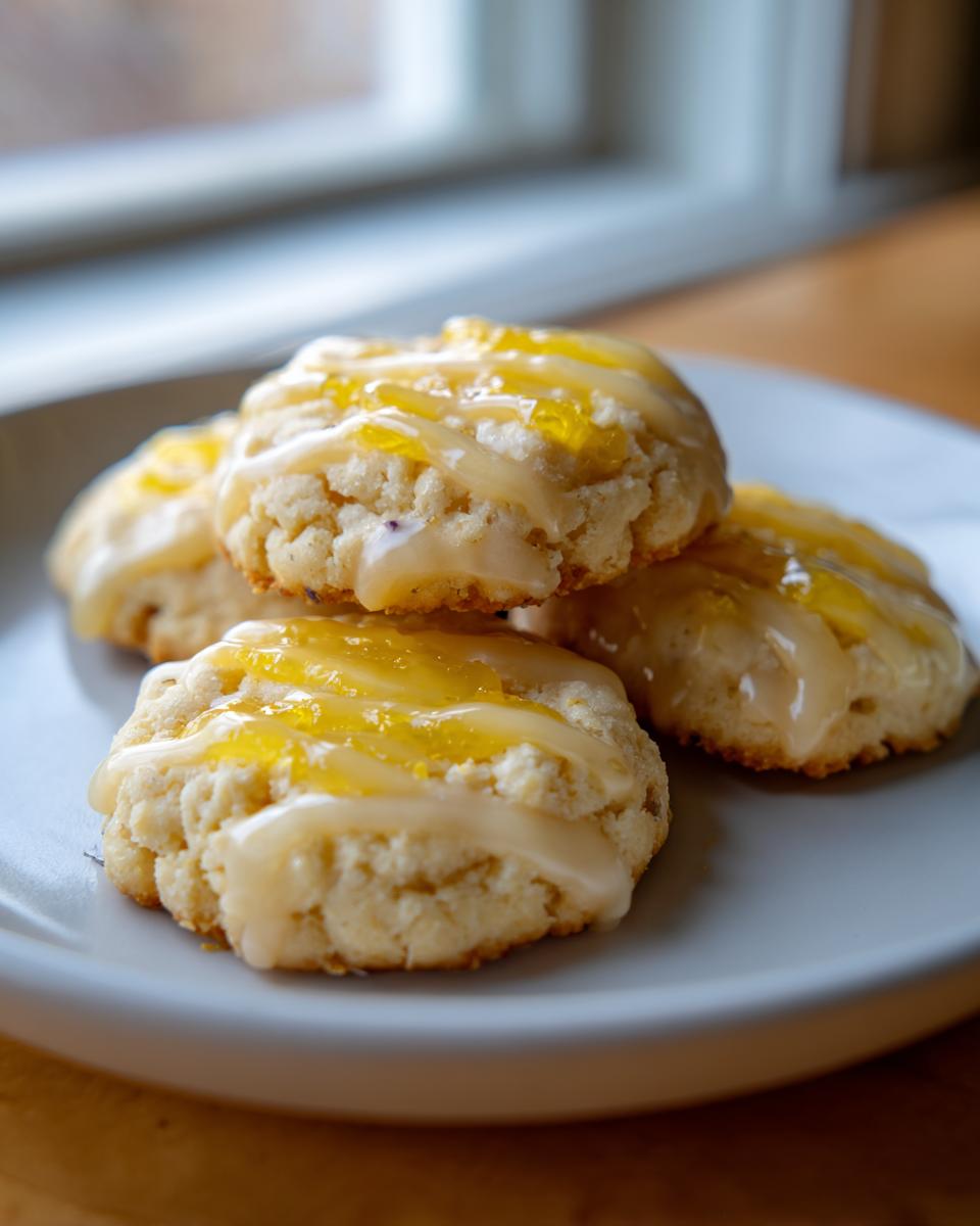 Close-up of several lemon lavender thumbprint cookies drizzled with glaze and topped with yellow lemon filling.