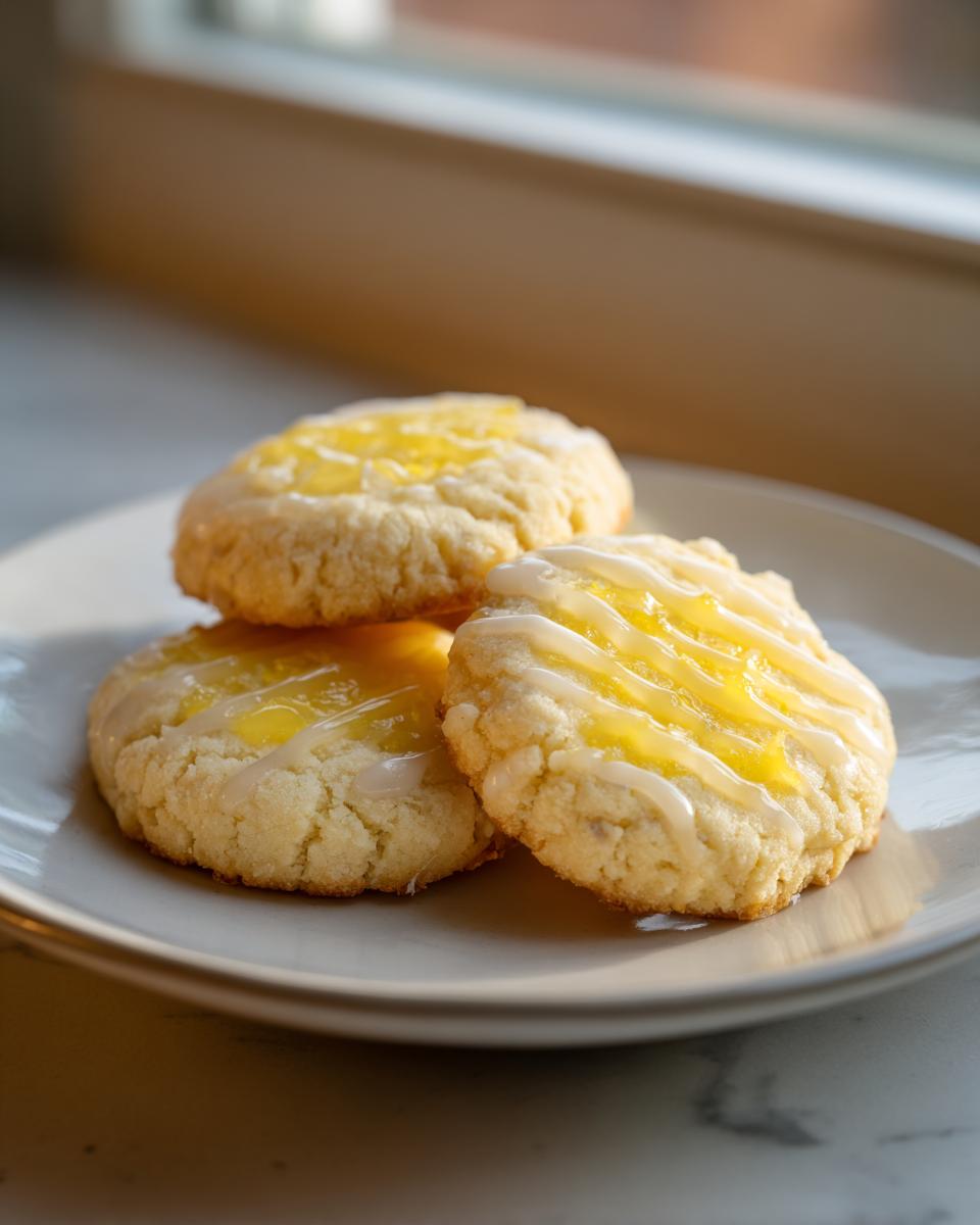 Three lemon lavender thumbprint cookies stacked on a light plate, topped with bright yellow filling and white drizzle.