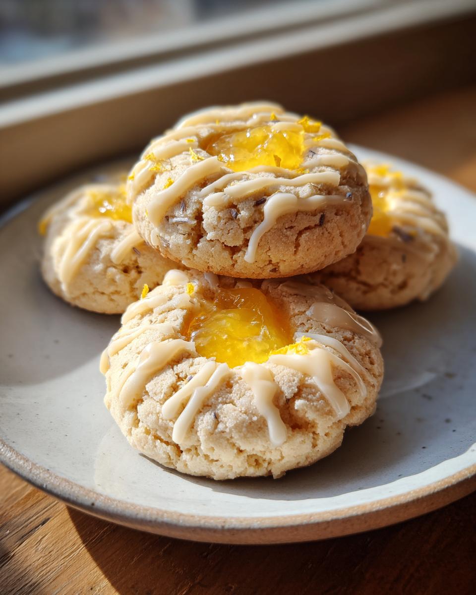 Close-up of stacked lemon lavender thumbprint cookies topped with bright yellow filling and white glaze.