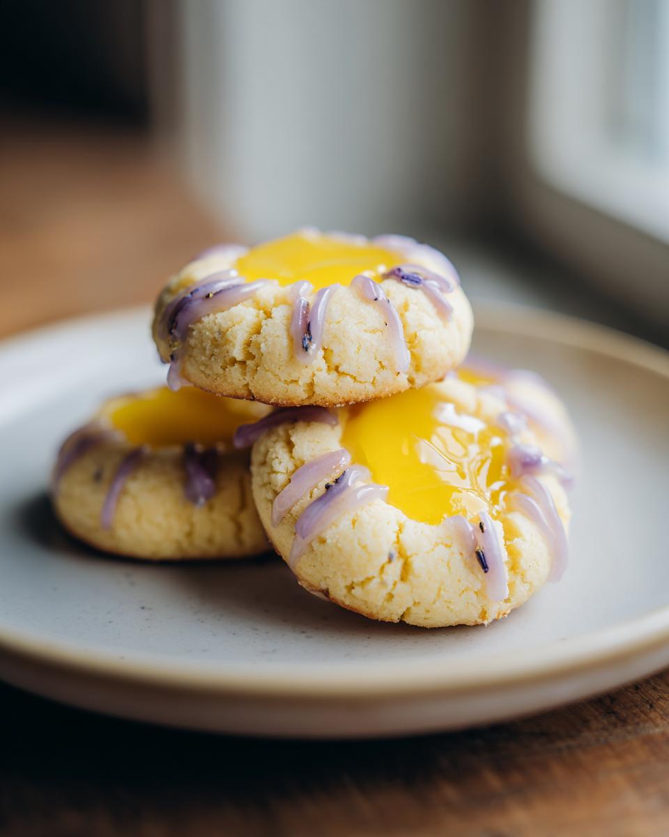 Three lemon lavender thumbprint cookies stacked on a plate, featuring bright yellow centers and purple lavender drizzle.