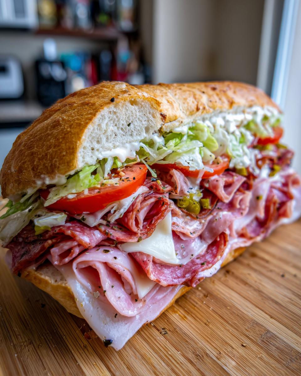 Close-up of a fully loaded italian grinder sub sandwich overflowing with meats, cheese, lettuce, and tomatoes on a wooden cutting board.