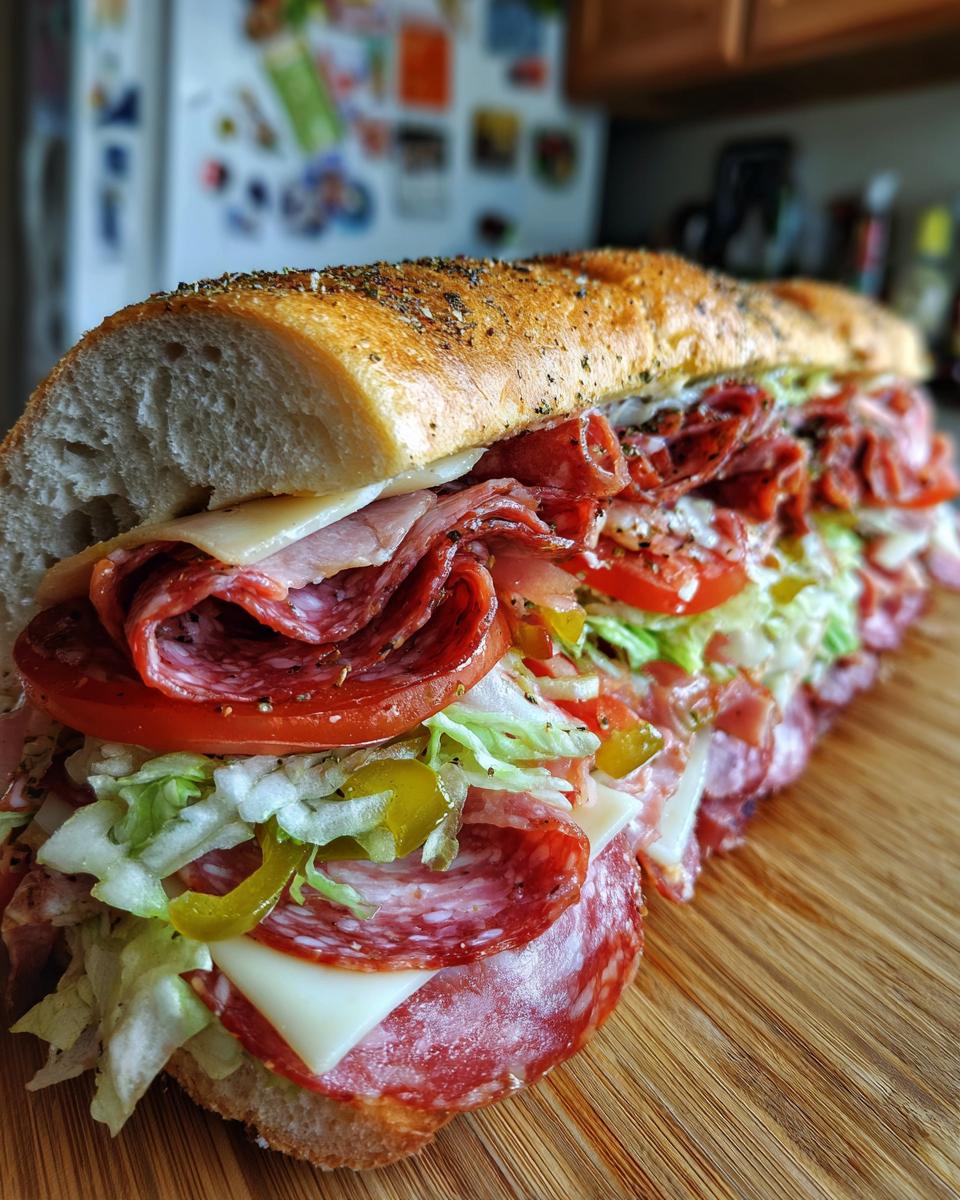 A close-up view of a fully loaded italian grinder sub sandwich overflowing with meats, cheese, lettuce, tomatoes, and peppers.