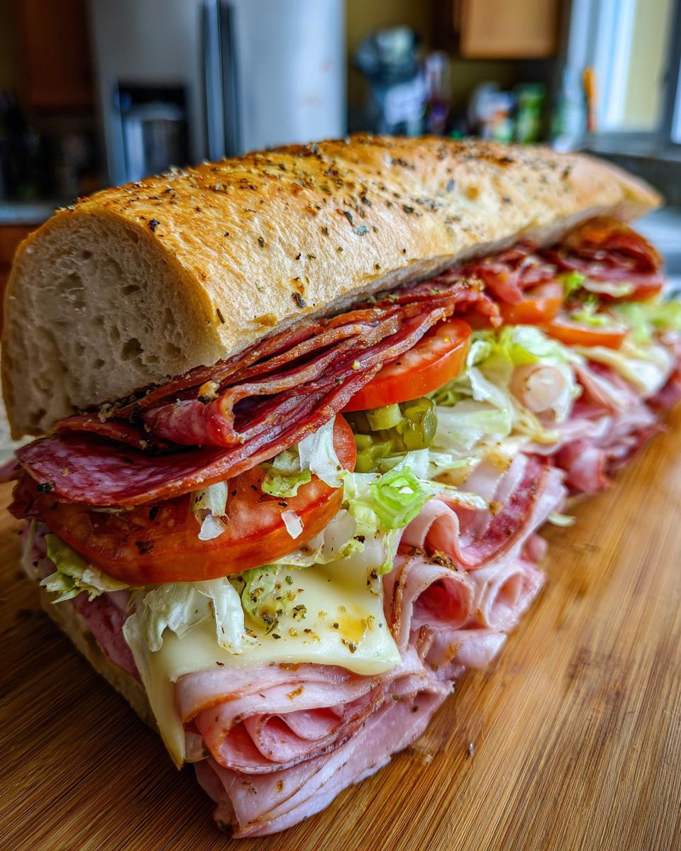 A cross-section view of a fully loaded italian grinder sub sandwich with layers of meats, cheese, lettuce, tomato, and pickles.