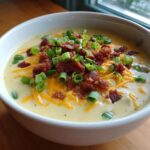 A creamy bowl of loaded potato soup topped generously with shredded cheddar cheese, crispy bacon bits, and fresh green onions.