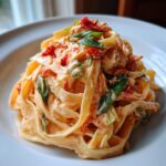 A close-up of creamy marry me cabbage pasta tossed with sun-dried tomatoes and fresh basil leaves on a white plate.