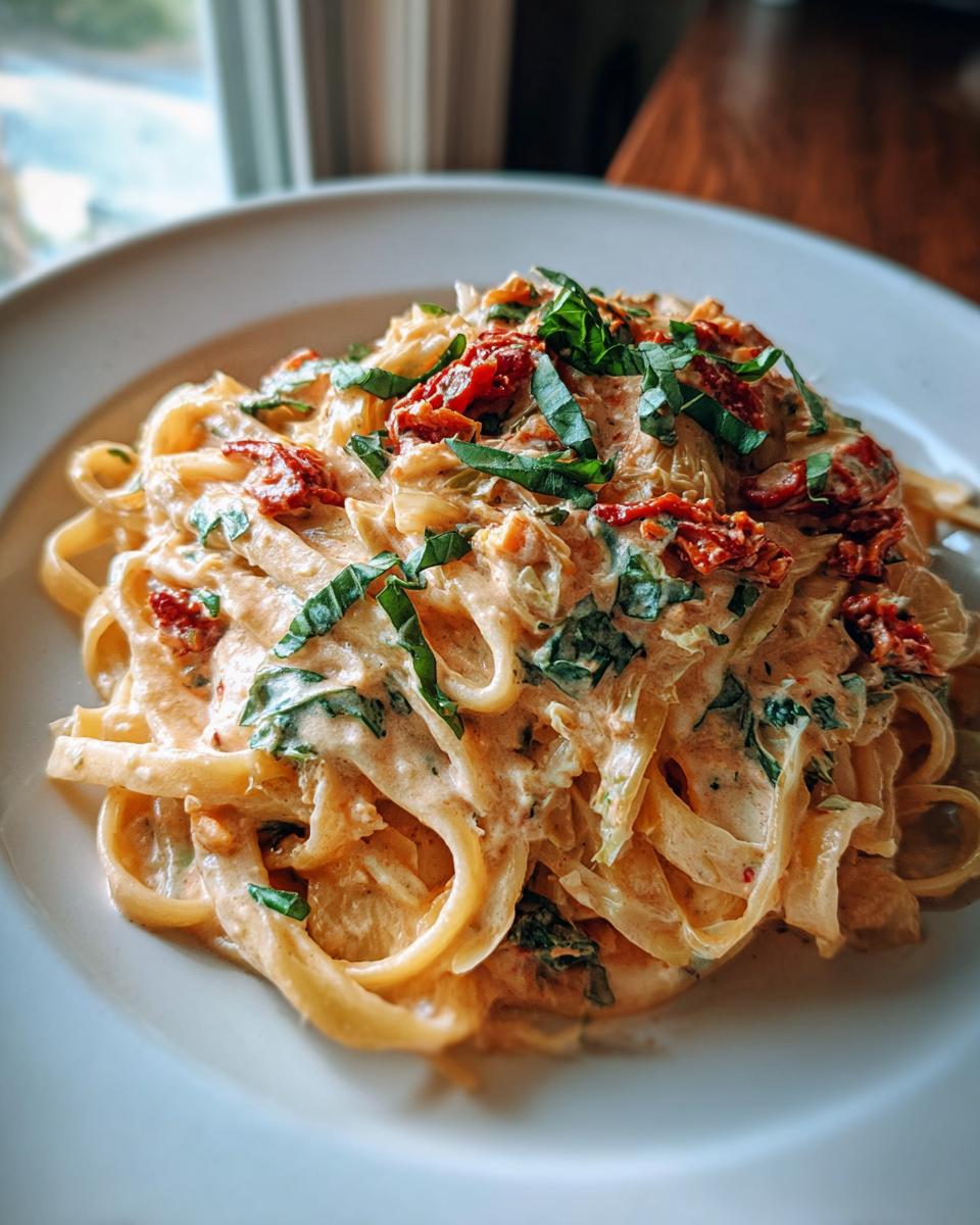 Close-up of creamy marry me cabbage pasta tossed with sun-dried tomatoes and fresh basil.