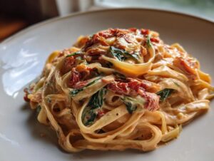 Close-up of creamy marry me cabbage pasta featuring fettuccine noodles, spinach, and sun-dried tomatoes.