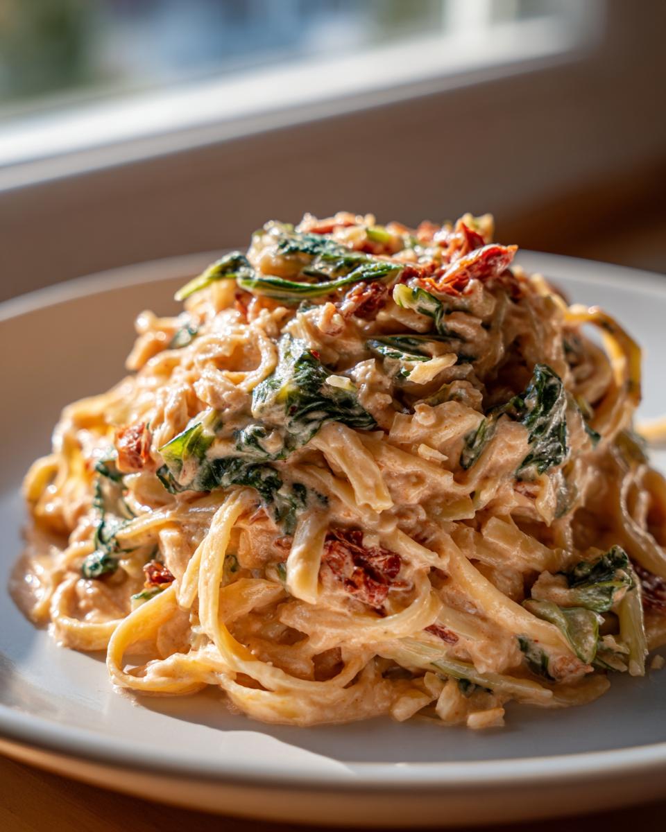 A close-up of creamy marry me cabbage pasta tossed with spinach and sun-dried tomatoes on a white plate.