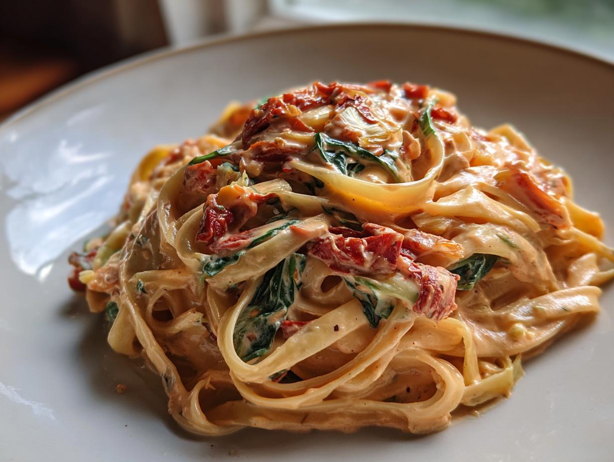 Close-up of creamy marry me cabbage pasta featuring fettuccine noodles, spinach, and sun-dried tomatoes.