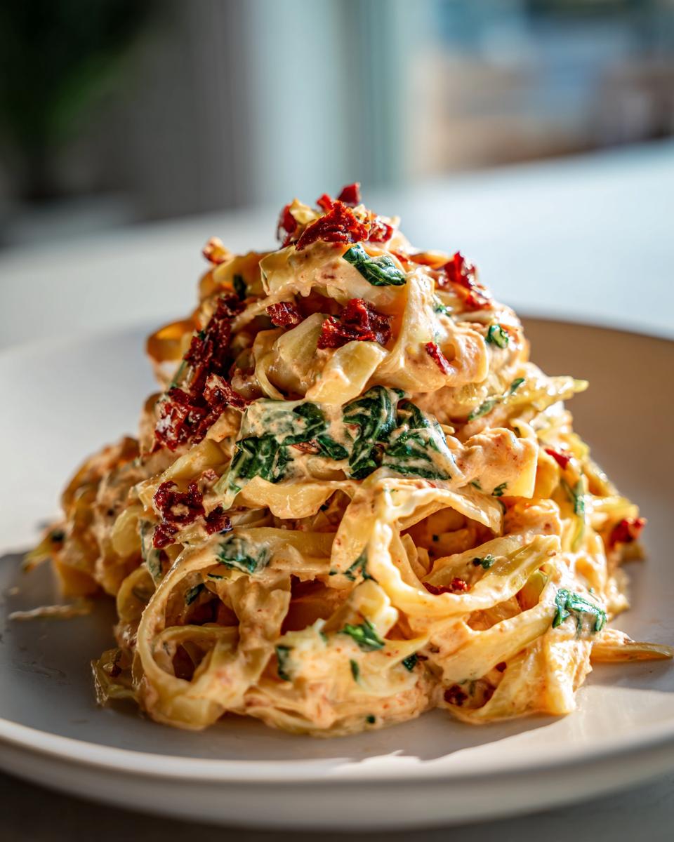 Close-up of a creamy mound of marry me cabbage pasta featuring ribbons of cabbage, spinach, and topped with sun-dried tomatoes.