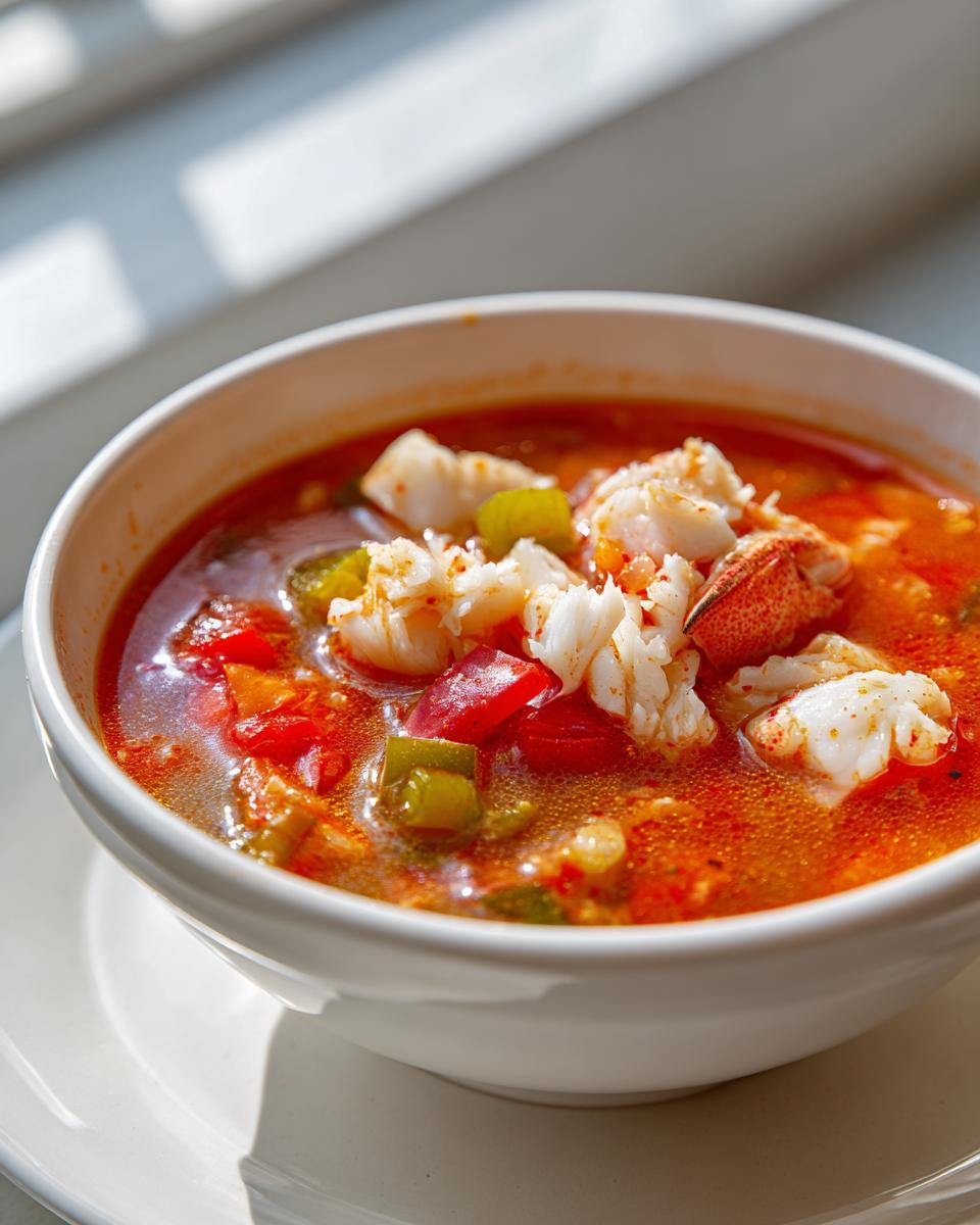 Close-up of a bowl of rich, red maryland crab soup topped generously with large chunks of white crab meat.