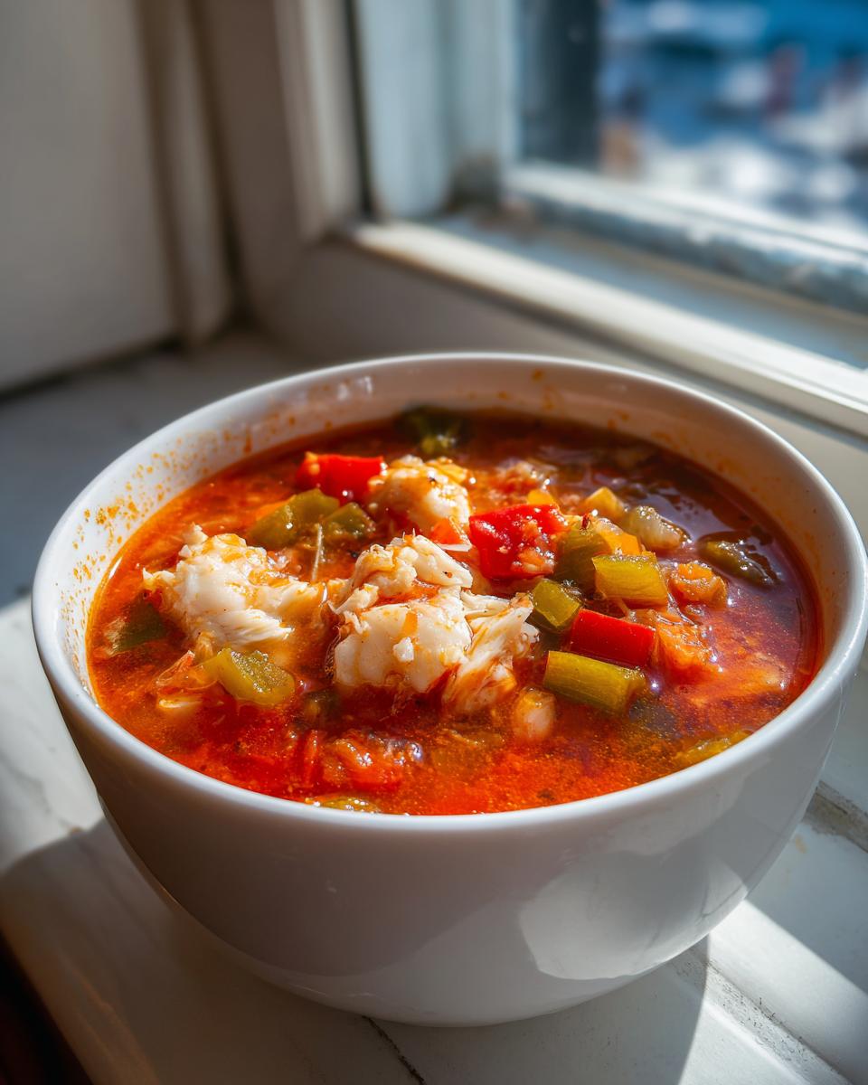 Close-up of a white bowl filled with rich, red Maryland crab soup, topped with generous chunks of white crab meat and diced peppers.