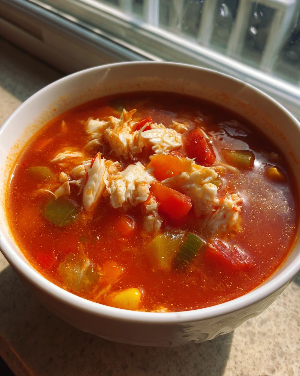 Close-up of a white bowl filled with vibrant red maryland crab soup, topped generously with white flaked crab meat and visible vegetables.