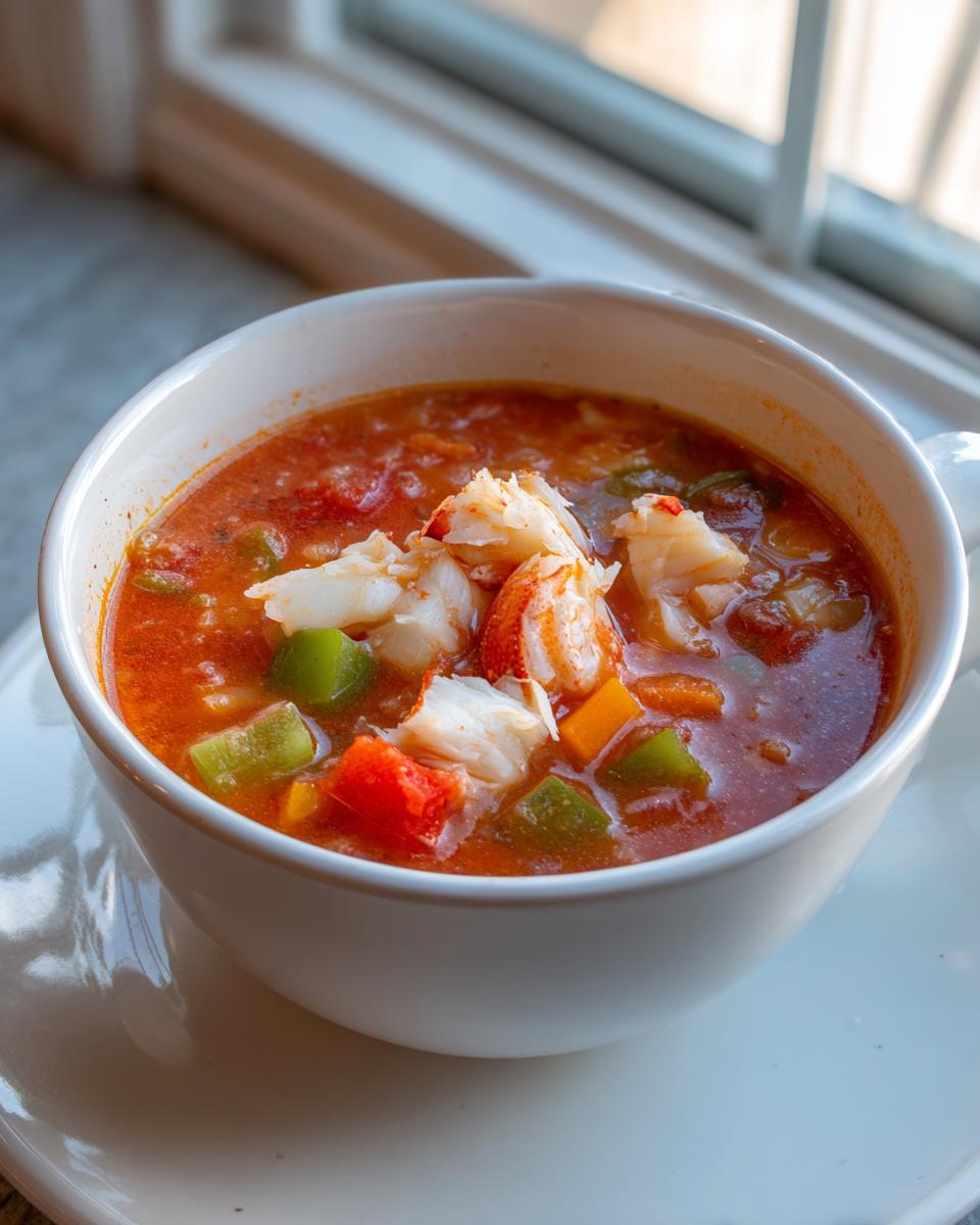 Close-up of a bowl of rich, red maryland crab soup topped with large chunks of white crab meat and vegetables.
