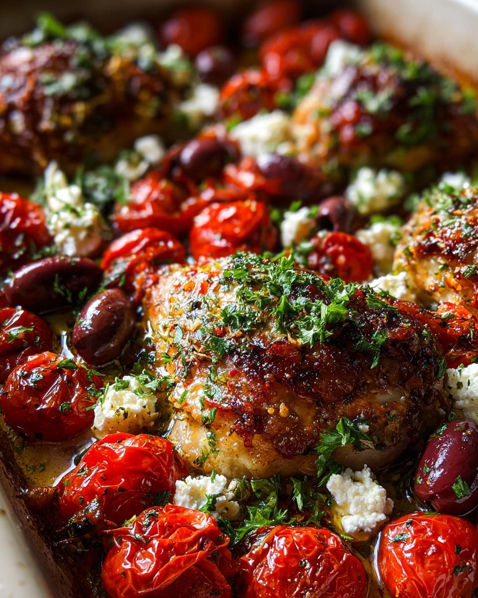 Close-up of a perfectly cooked piece of mediterranean chicken bake, surrounded by roasted cherry tomatoes, Kalamata olives, and crumbled feta cheese.