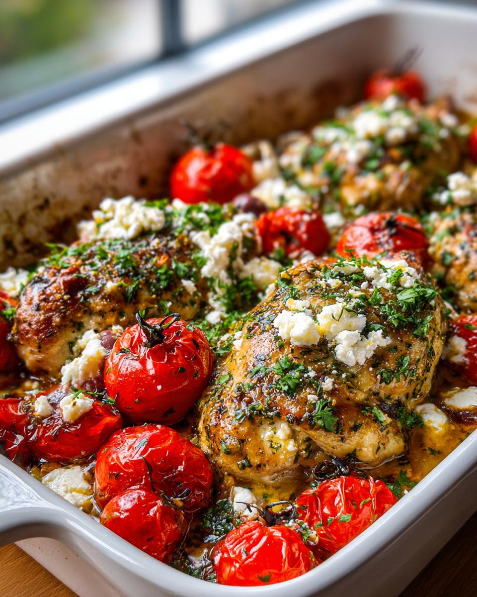 Close-up of baked chicken breasts topped with crumbled feta cheese, fresh parsley, and roasted cherry tomatoes in a white baking dish, ready for mediterranean chicken bake.