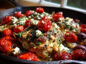 Close-up of perfectly cooked mediterranean chicken bake topped with roasted cherry tomatoes, crumbled feta cheese, and fresh herbs in a cast iron skillet.