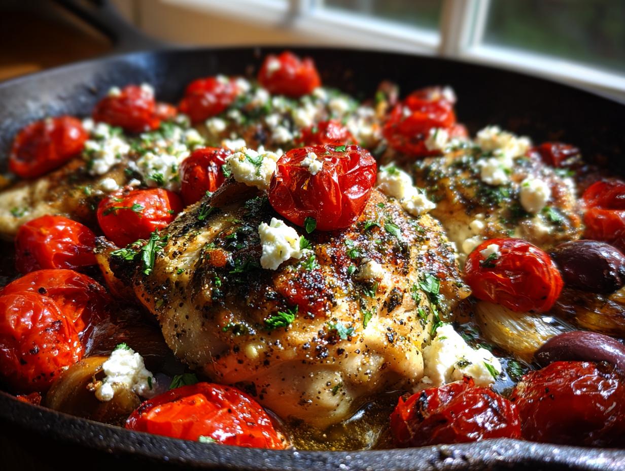 Close-up of perfectly cooked mediterranean chicken bake topped with roasted cherry tomatoes, crumbled feta cheese, and fresh herbs in a cast iron skillet.