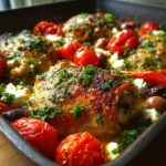 Close-up of a juicy mediterranean chicken bake with roasted cherry tomatoes, feta cheese, and fresh parsley.