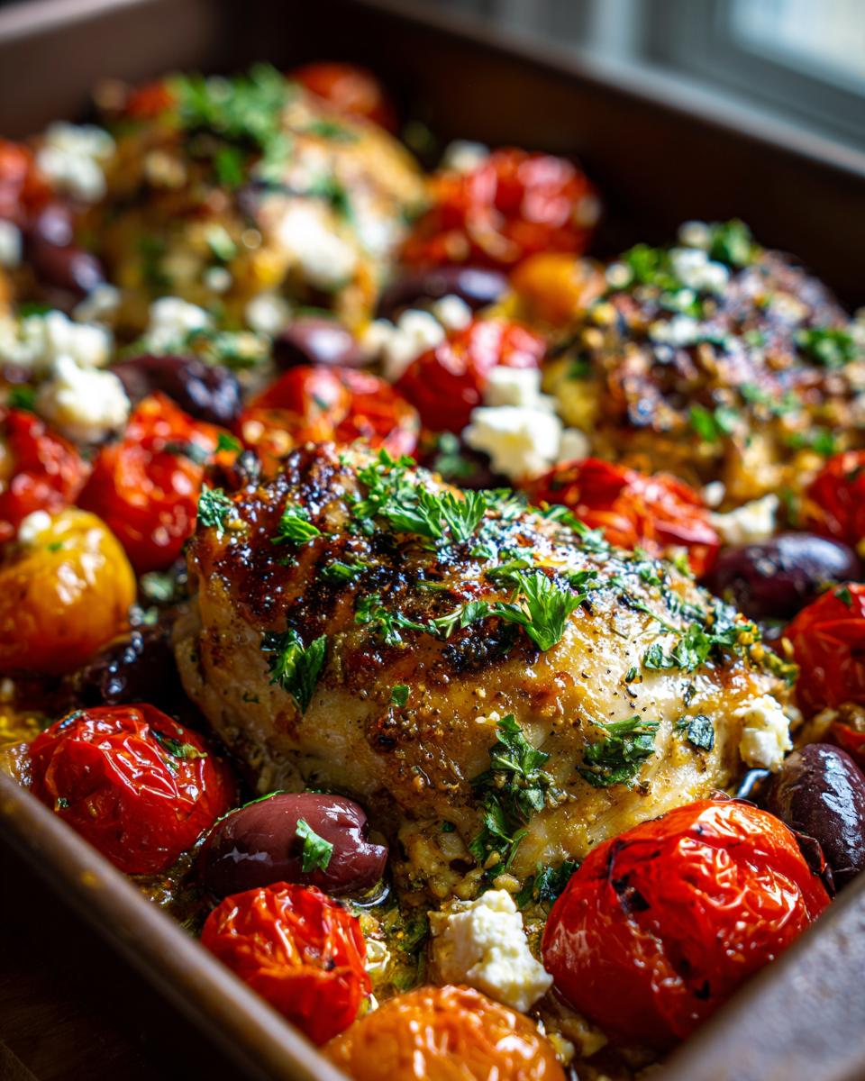 Close-up of a golden brown mediterranean chicken bake with roasted cherry tomatoes, Kalamata olives, and crumbled feta cheese.