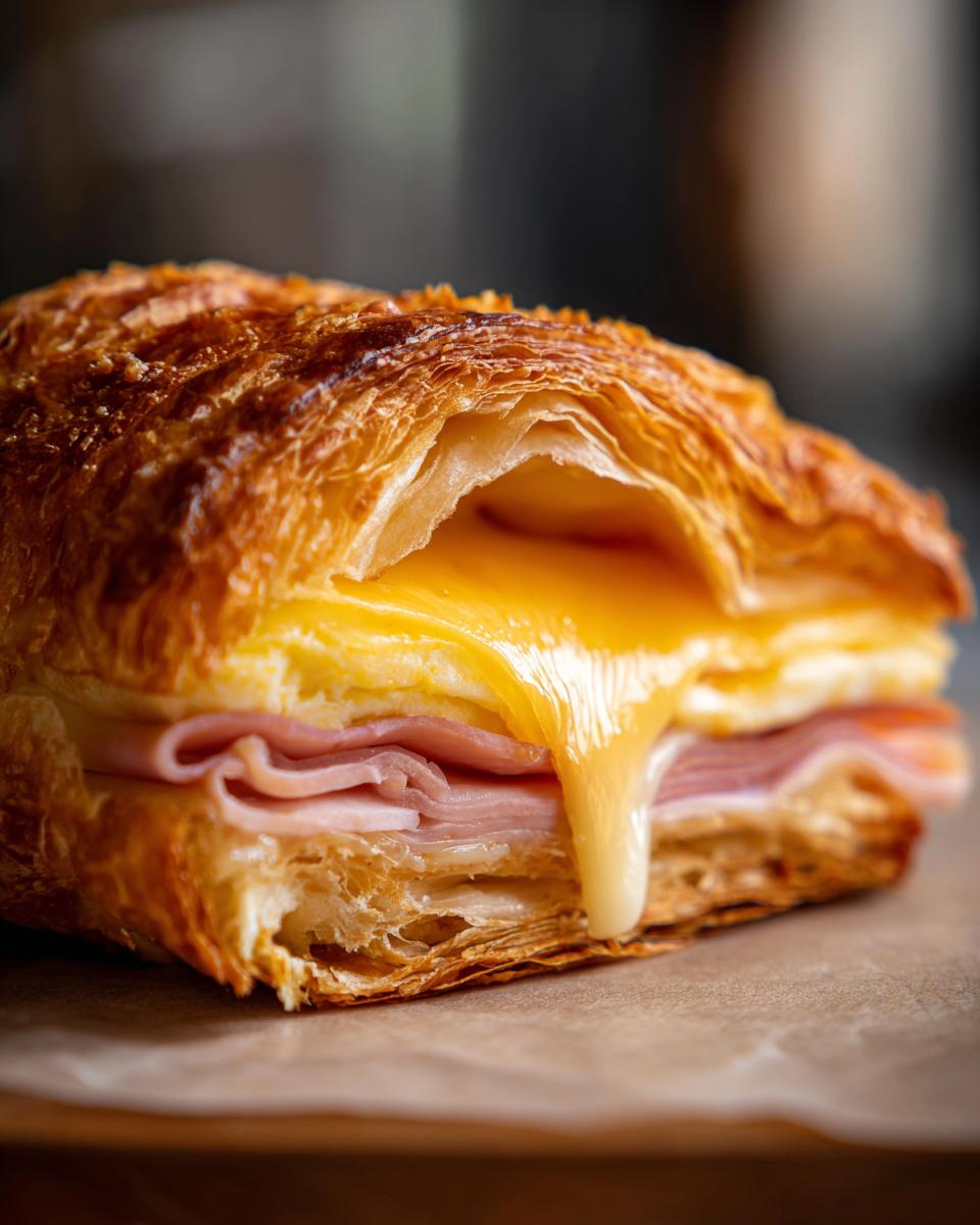 Close-up of a flaky croissant breakfast sandwiches filled with ham and dripping melted yellow cheese.