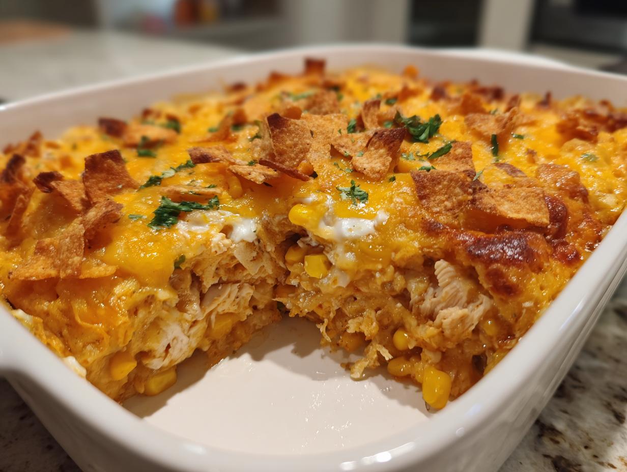 A scoop has been taken out of the cheesy Mexican chicken casserole, showing shredded chicken, corn, and a golden tortilla chip topping.
