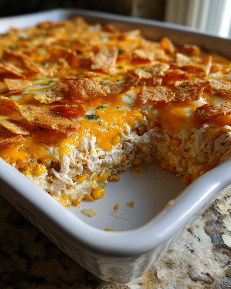 A serving has been taken from a baked mexican chicken casserole topped with melted cheese and crushed tortilla chips.