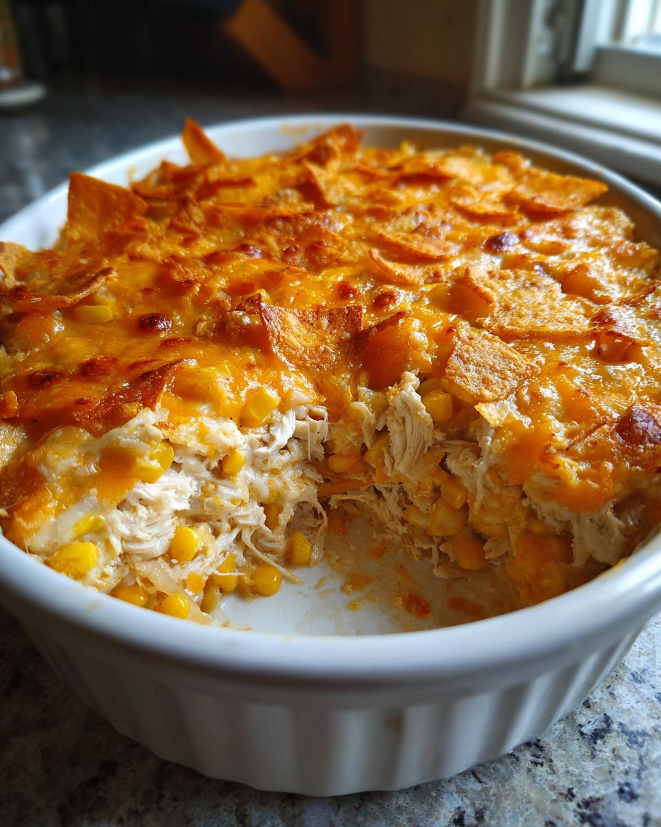Close-up of a baked Mexican chicken casserole showing shredded chicken, corn, and melted orange cheese topping with tortilla chips.