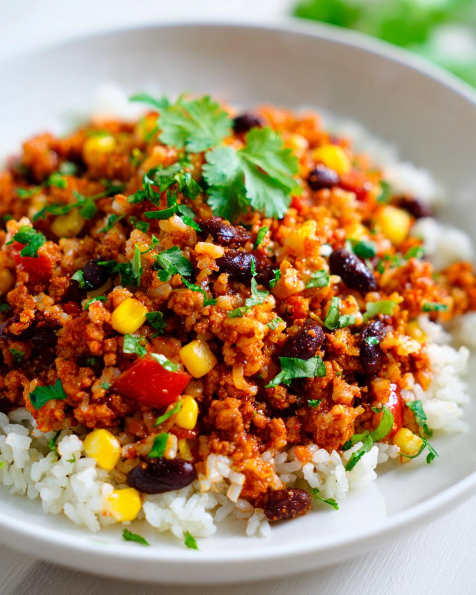 A close-up serving of vibrant mexican chorizo rice mixed with black beans and corn, served over white rice and garnished with fresh cilantro.